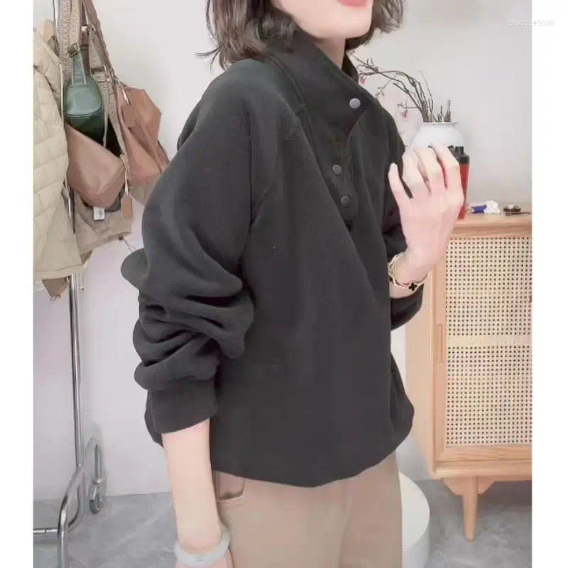 Women's Jackets 2025 Autumn And Winter Solid V-Neck Long Sleeve Button Loose Fleece Fashion Classic Casual Versatile Office Lady Tops