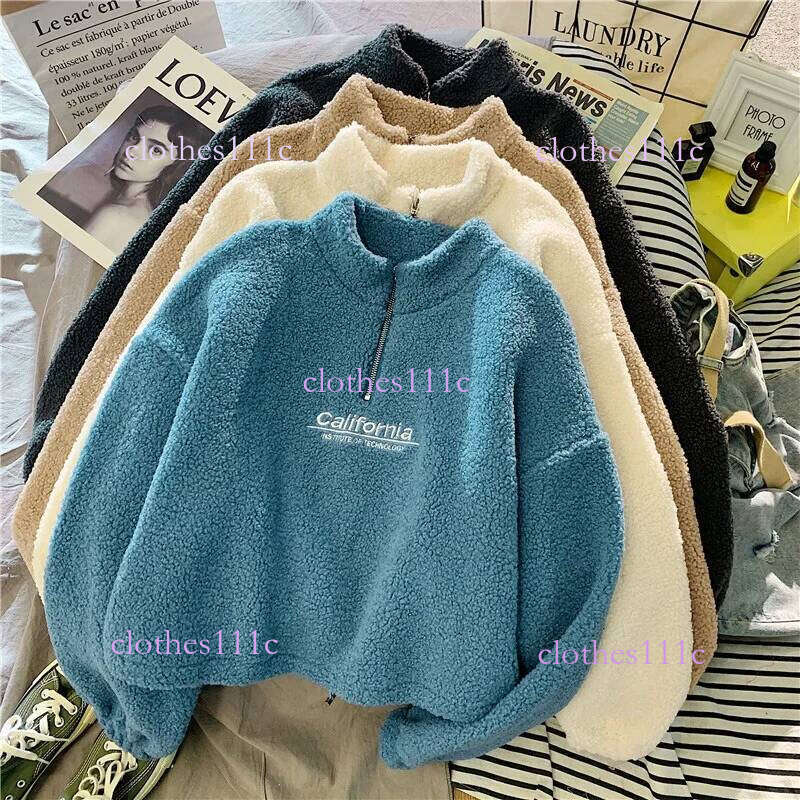Cashmere Short Coat Fashion Women Letter Stand Collar Zipper Thick Loose Winter Pullover Sweatshirt Embroidery Female Tops