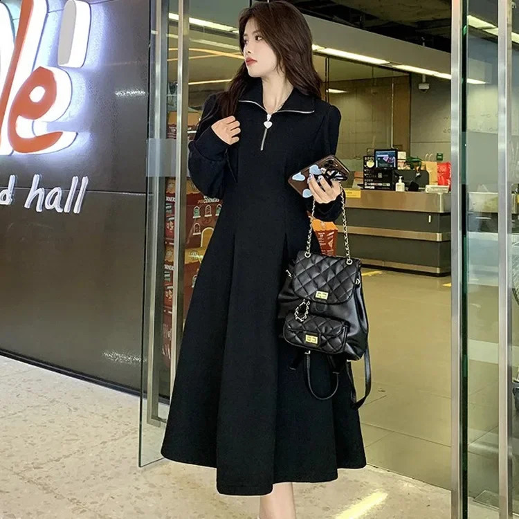 Fashionable Long Sleeve Fleece Lined Slimming Thickened Winter Dress Empire Waist Maxi Skirt for Women Elegant Turndown Collar 251022