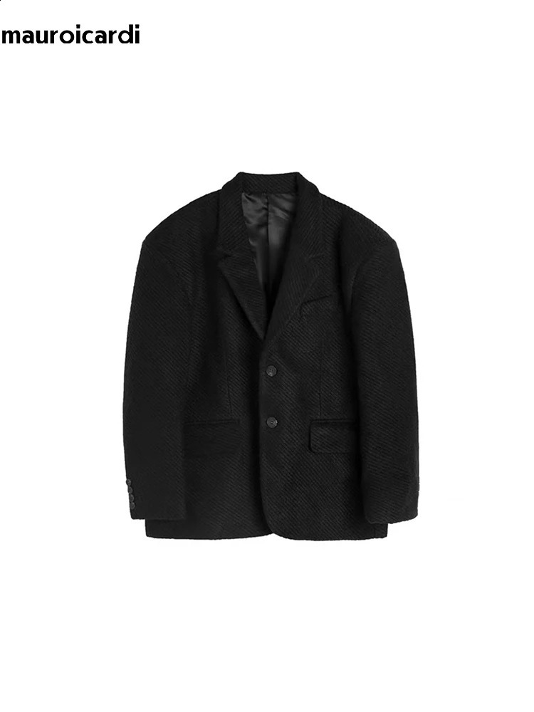 Mauroicardi Spring Autumn Oversized Casual Stylish Black Woolen Blazers for Men Shoulder Pads Long Sleeve Loose Korean Fashion 251023
