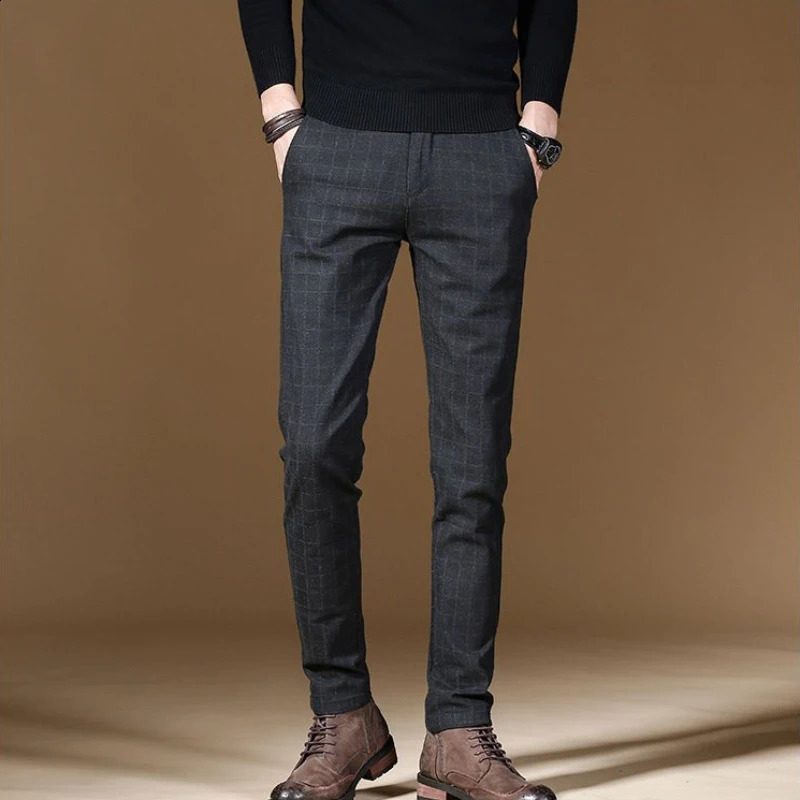 Male Suit Trousers Gray Plaid Check Straight Clothing Premium Mens Summer Pants Thin Casual Classic Slacks Dress Up 251023