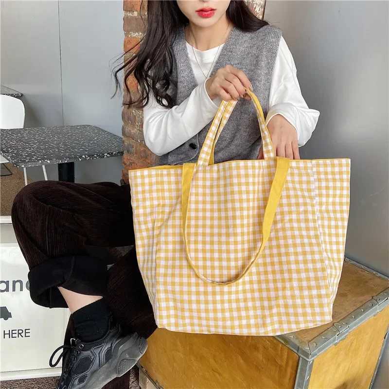 Simple Plaid Women Double Side Shoulder Bag Student Female Casual Tote Handbags Large Capacity Ladies Eco Reusable Shopping BagsL251023