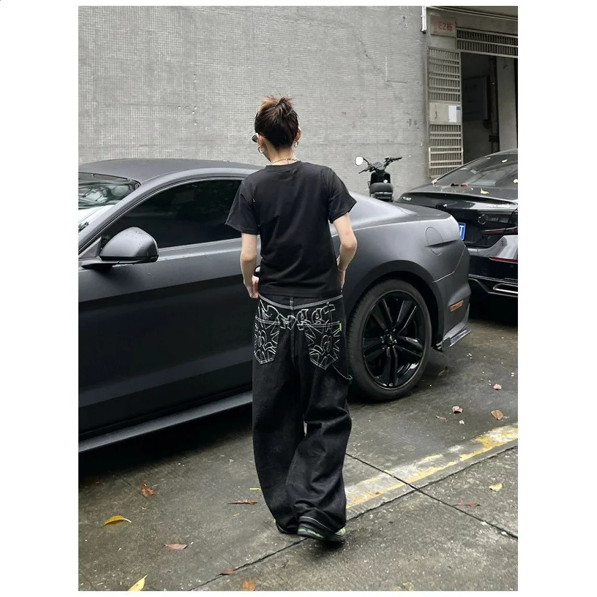 Y2k Embroidered Black Wide Leg Jeans Women American Retro Casual Loose Denim Pants Streetwear 2025 High Waist Baggy Trousers 251023