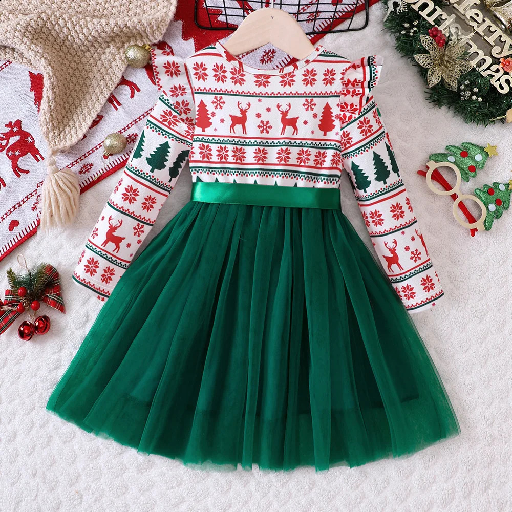 Kids Girls Christmas Dress Long Sleeve Outfits Toddler Girl Winter Clothes Party Dress Sheer Tulle For 2 3 4 5 6 7 Years 251022