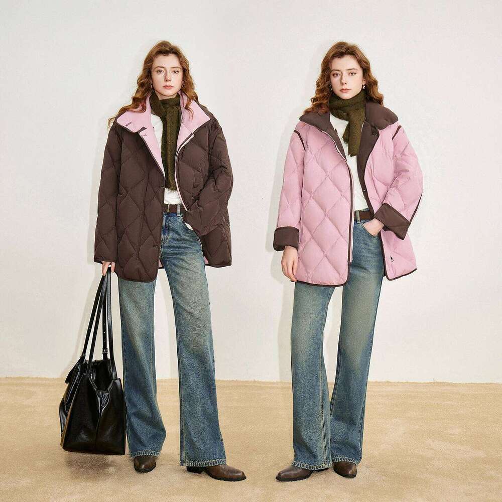 Women 90% White Duck Down 2025 Winter New Dia Grid Double Side Contrasting Color Splicing Jacket Coats Designer Women