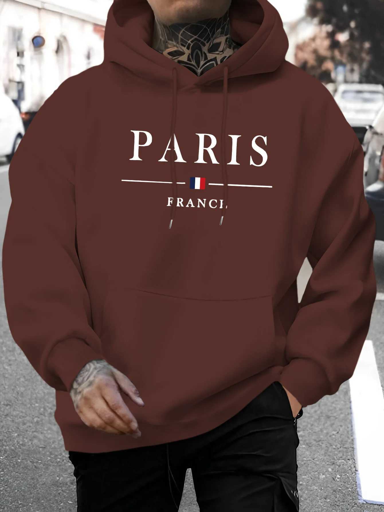 Mens autumn and winter casual fashion loose Paris letter pattern printed long sleeved hooded sweatshirt warm pulloverT251023