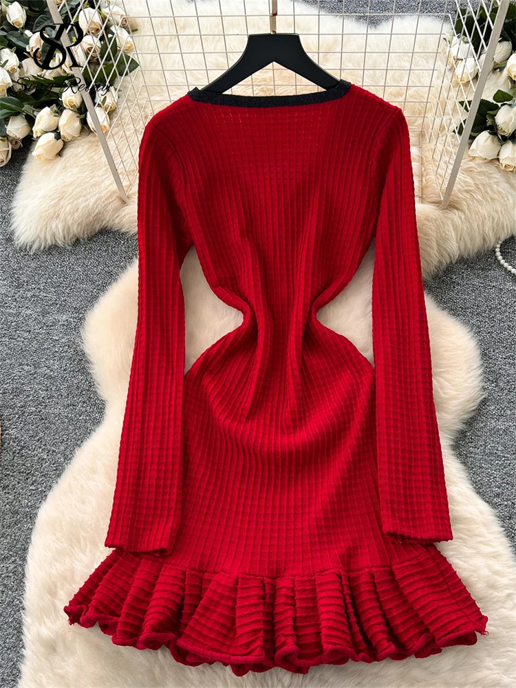SINGREINY Chic Color Block Midi Dress Women V Neck Buttons Elastic Skinny n High Quality Knitting Sweater Ruffles 251022