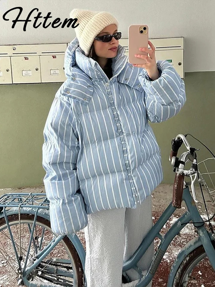 Casual Stripe Womens Padded Jacket Fashion Hooded Zipper Warm Thicken Lady Coats Autumn Winter Female Street Outwear 251021