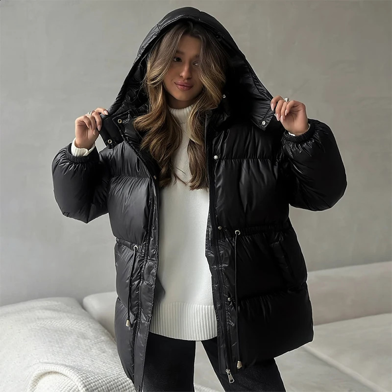 Womens Hooded Down Jacket Drawstring Waist Warm Parker Coat Solid Pocket Zipper Outwear Winter Thicken Long Sleeves Coats 251021