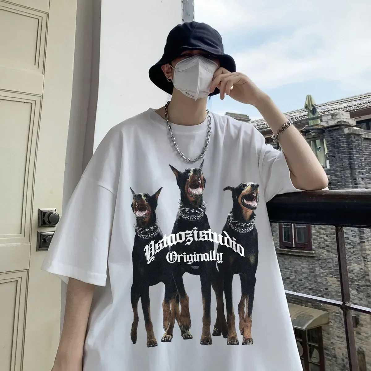 American Hiphop Creative Dog Print Short Sleeved Men and Women Ins Summer Cotton Loose Fitting Couple Half Sleeved Top ClothesXJ251023