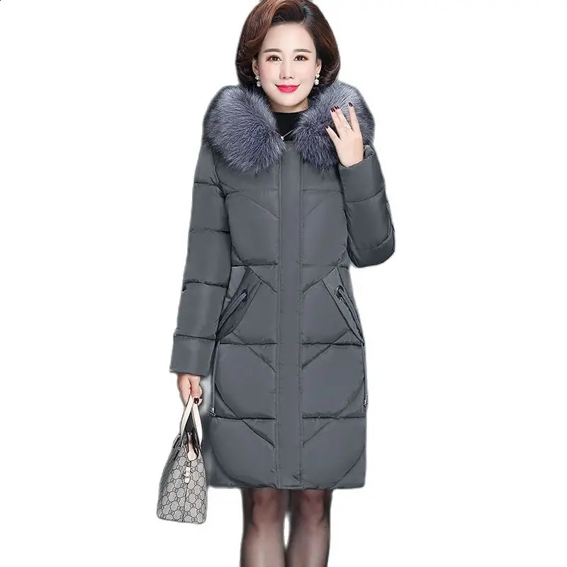 Middleaged mother Winter Coat Thicken Slim Cotton padded Jacket Windproof Loose Female Warm Fur collar Hooded Parkas Outwear 251021