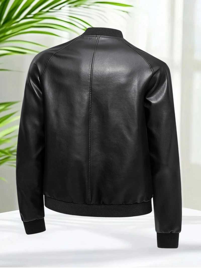 Mens Coffee PU Leather Jacket Faux Leather Bomber Coat Casual Slim Fit Lightweight Motorcycle Biker Outerwear for Autumn W251023