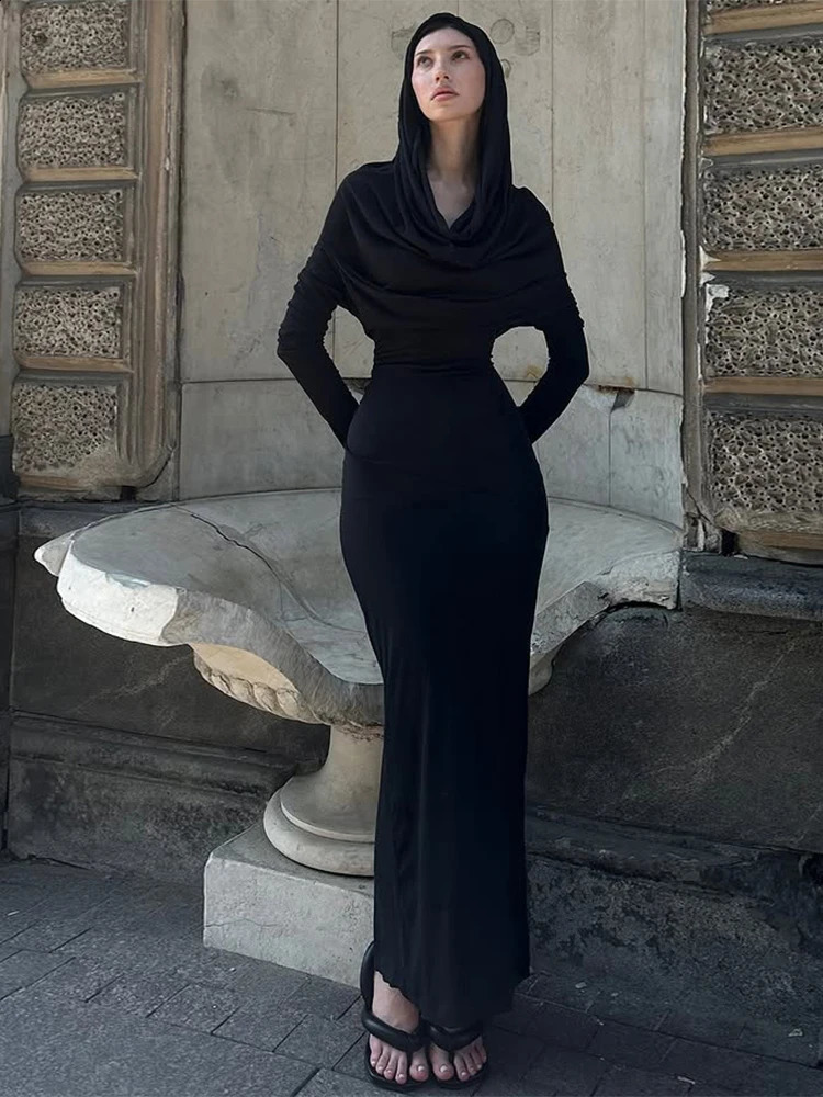 Sisterlinda Casual Hooded Long Dresses Woman Autumn Trend Swing Collar Full Sleeve Skinny High Stretch Solid Elegant Vestidos 251022