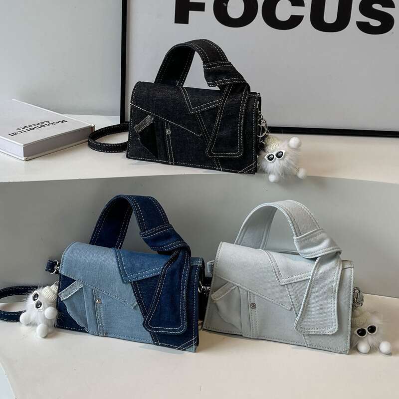 Handba For Women, Fashionable Patchwork Crossbody Niche And Versatile Casual Shoulder Ba, Simple Denim Small Square