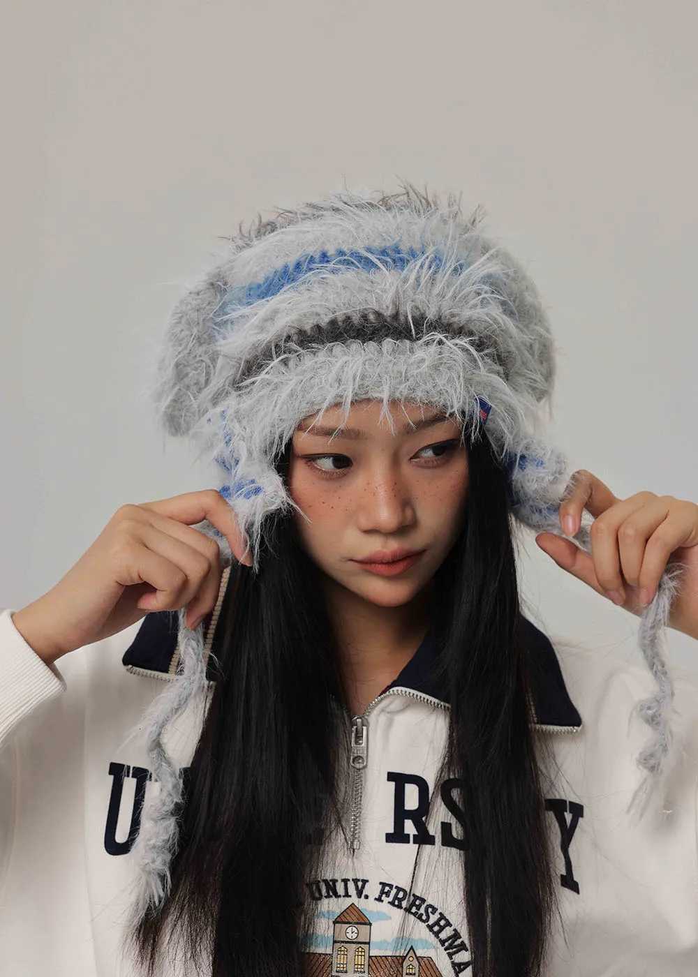 stripecony hair Hand hook hat FUR Wens Winter Thicke Warm Knitted Wool Cold Large Surround Hat with earflapsW251023