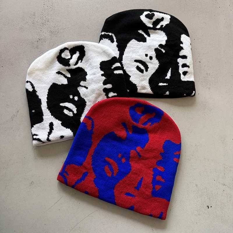 1pc Face Pattern Intarsia Beanie Hatswinter Casual windproof elastic skull CapSuitable for outdoor activities and daily wearXJ251023