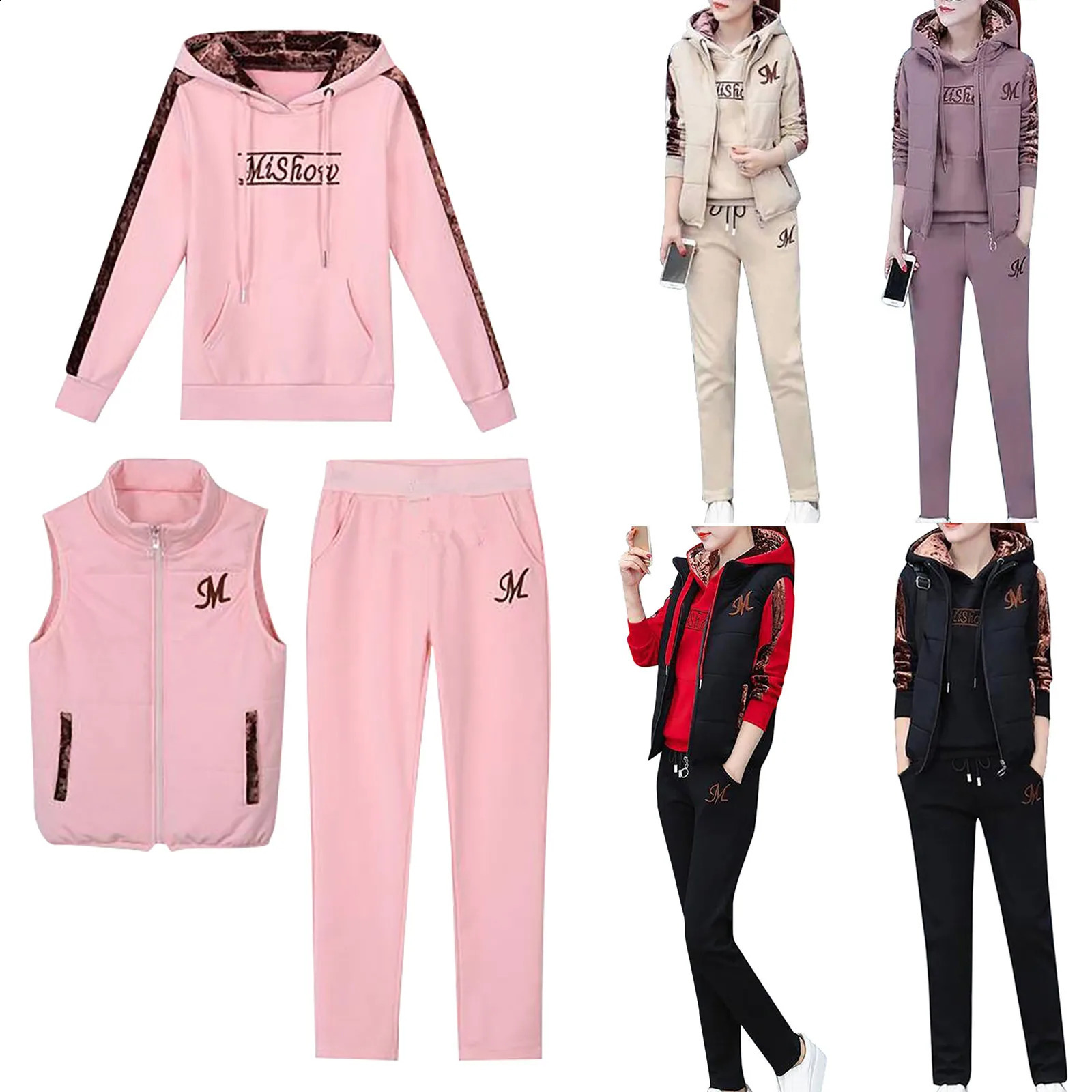 3PcsSet Simple Women Tracksuit Thickened Elastic Waist Letter Print Hoodie Jogging Pants Zipper Vest Suit Coldproof 251022