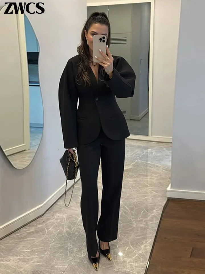 Elegant Vneck Blazers Coat Pants Set Women Solid Single Button Suit Coats Straight Long Trousers Autumn Office Lady Outfit 251022