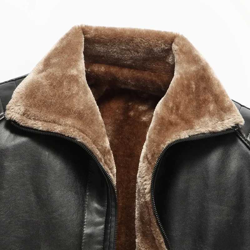 Casual Fleece Lined Leather And Fur Blend Thickened Business Outerwear Jacket for Men Loose Fit Mixed Leather Jacket W251023