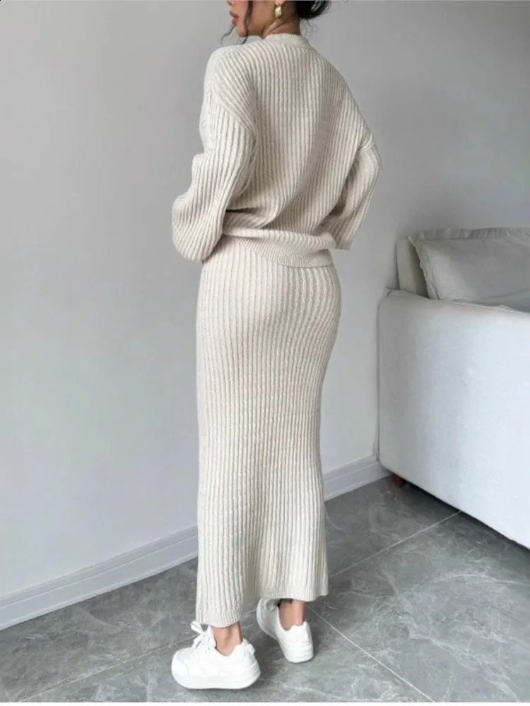 Autumn Winter Womens Loose Cardigan Two Piece Set Long Sleeved Vneck Sweater Jacket Hip Hugging Skirt Elegant Knitted 251016