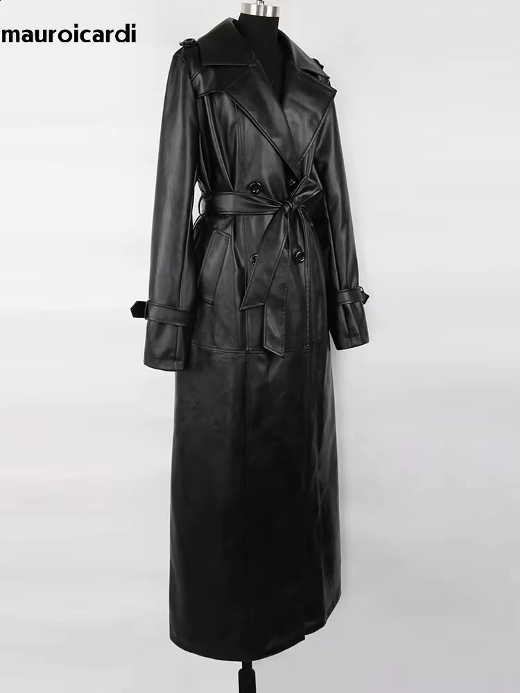 Mauroicardi Spring Autumn Waterproof Black Soft Pu Leather Trench Coat for Women Belt Double Breasted Floor Length Overcoat 251017
