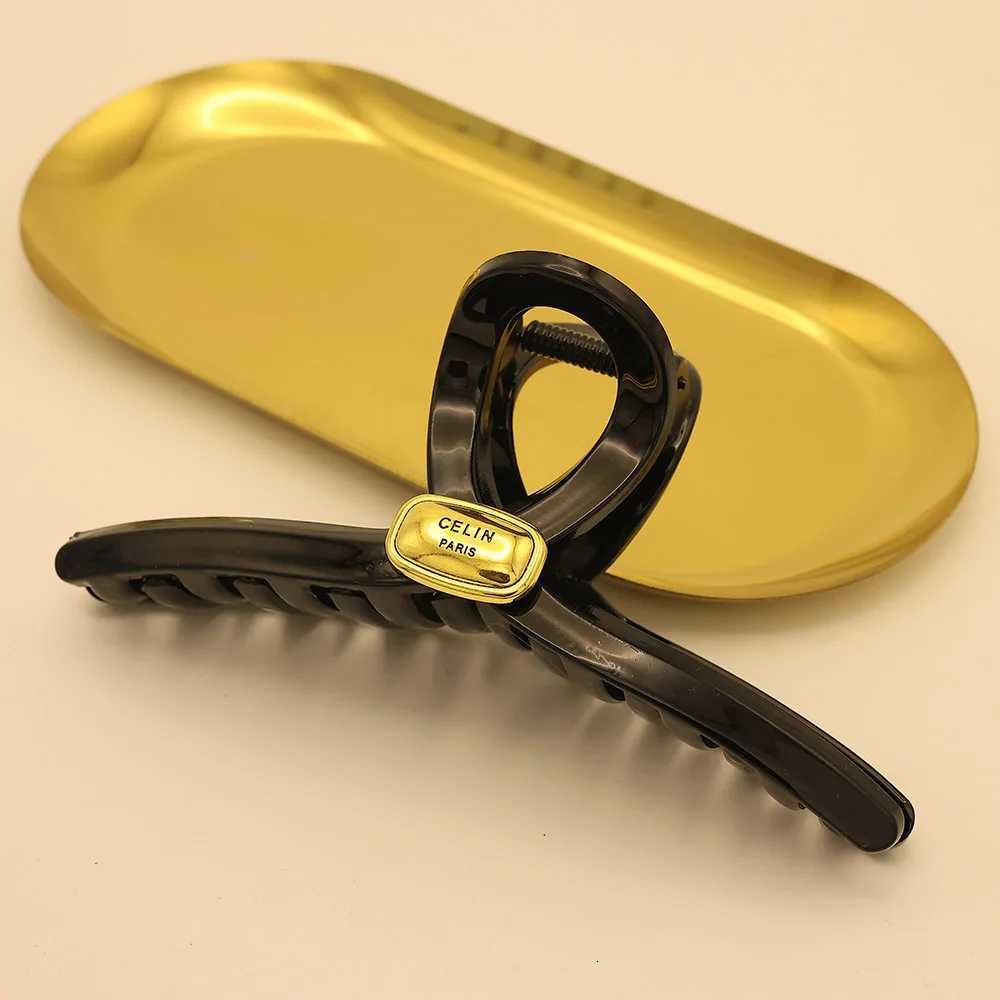 And Simple 14cm Gold Tag Bright Black Hair Clip Fem Ol Fashion Hairpin Gold Label Prum Grab Clip Simple Heaear Y251023