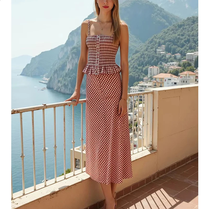MUJER 2025 Plaid Long Skirt Sets for Women 2 Pieces Ruched Crop Top Woman Summer High Waist Midi Holiday Outfits 251016