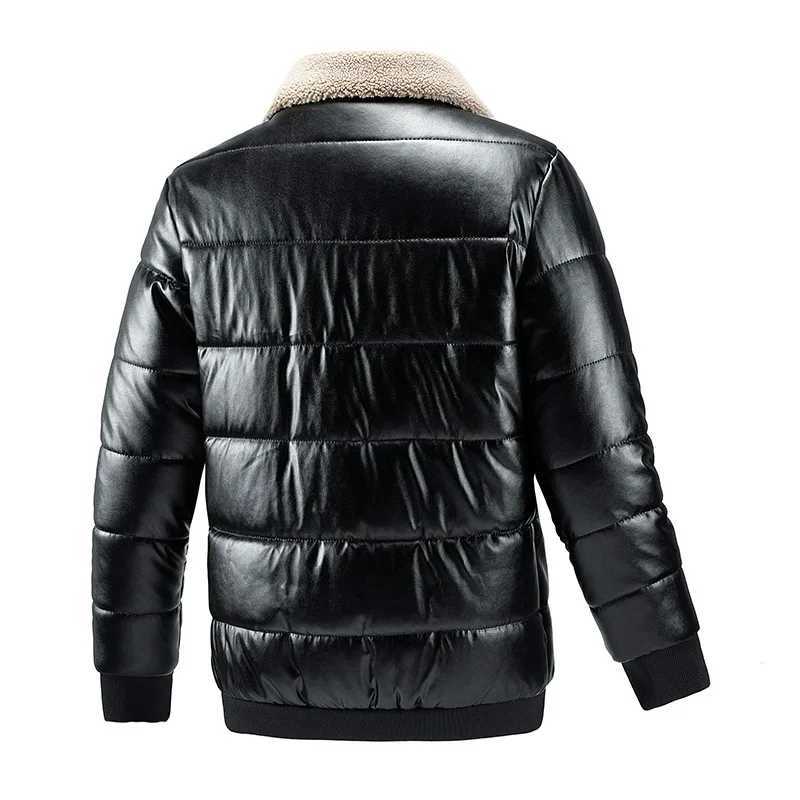 Mens PU Leather Quilted Jacket Korean Style Winter Thermal Coat with Big Capacity Pockets Waterproof Stain Resistant Jacket W251023
