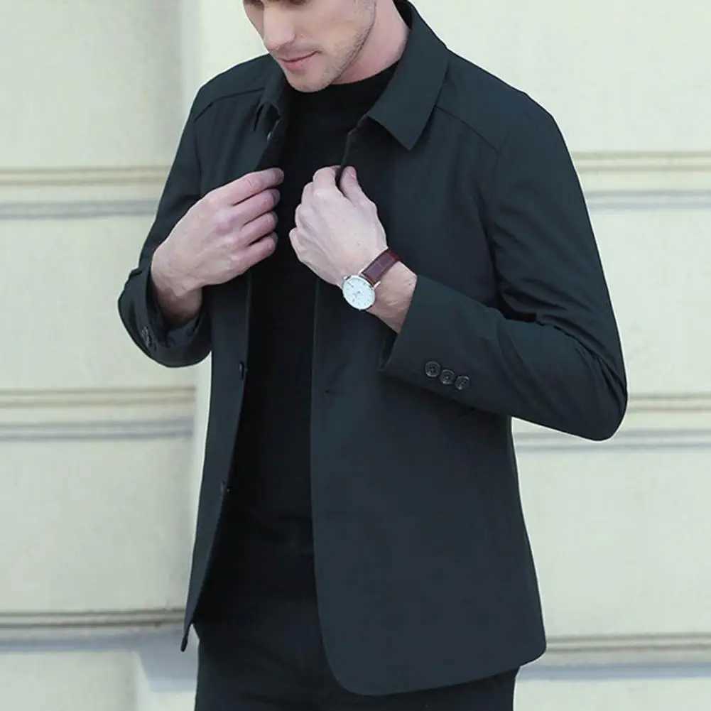 Stylish Men Outerwear Men Coat Stylish Mens Mid Length Jacket Classic Turndown Collar Solid Color Singlebreasted for Fall W251023