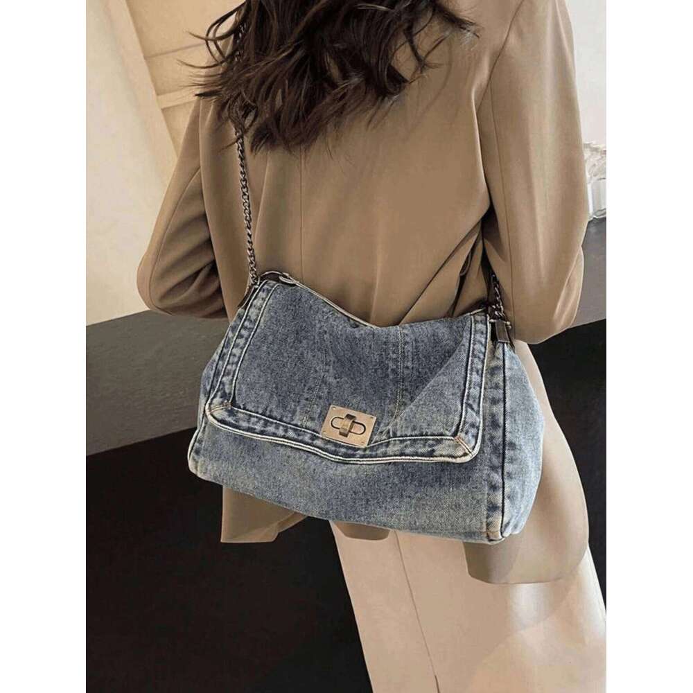 Denim Tote Bag With Metal Buckle And Chain Strap Deep Light Blue Black Vintage Ing Design For Women Non-Adjustable Sl