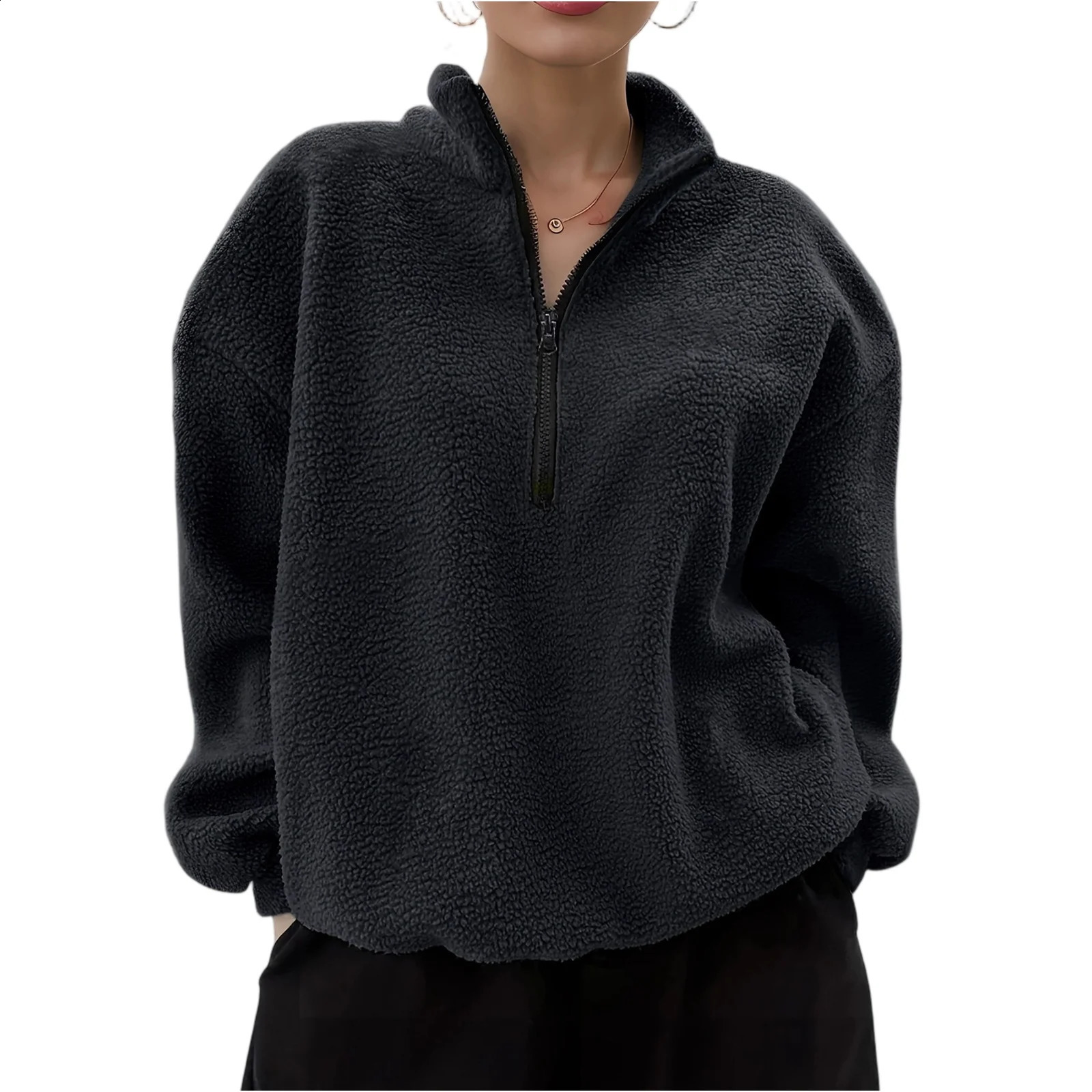 YHOPE Womens Loose And Comfortable Vneck Long Sleeved Fleece Solid Color Hoodie 251022