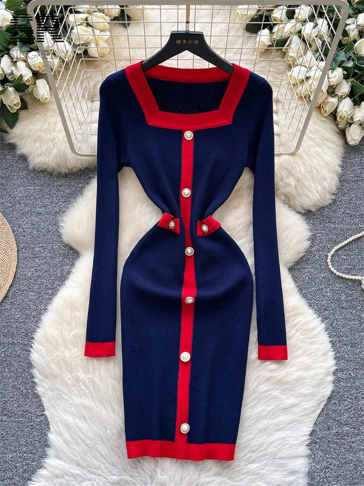 SINGREINY French Knitted Dress Ladies Color Block Long Sleeve Pearl Button n Square Collar Autumn Women Bodycon Chic 251022