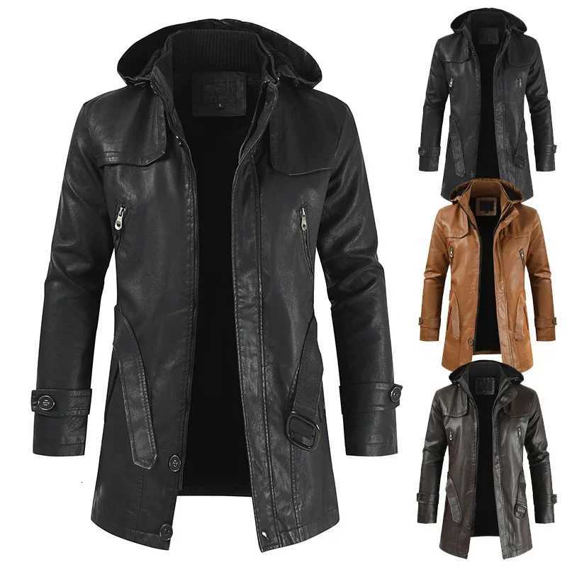 Mens Fashion Hooded Long Leather Coat Windproof Clothes Mens Leather Motorcycle Coat Winter Korean Fashion Leather Jacket W251023