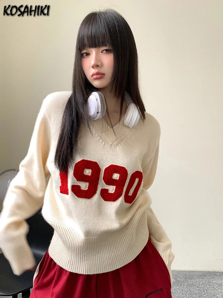 Autumn Y2k Aesthetic Harajuku Letter Patchwork Pullovers Womens Casual Sweater Sweet Vintage Grunge Crop Tops V Neck Streetwear 251023