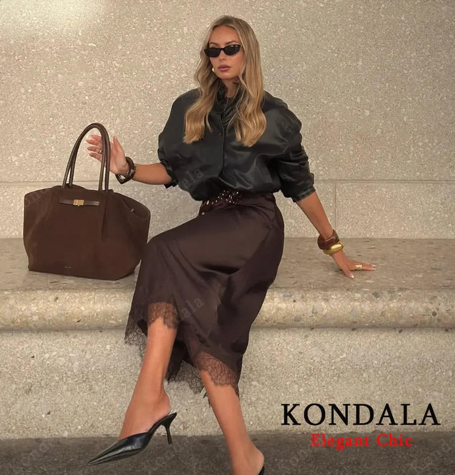 KONDALA Women y Black Brown Skirt Long Lace Satin Straight Autumn Fashion Elegant Party Dinner Mujer 251022