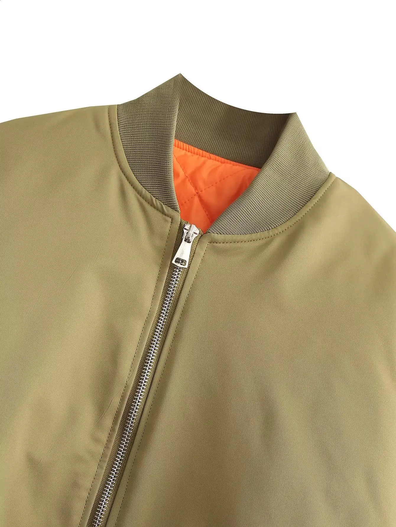 Womans Loose Bomber Jacket Stand Collar Zipper Pleated Long Sleeve Contrast Color Cropped Casual Autumn Chic Coat 251013