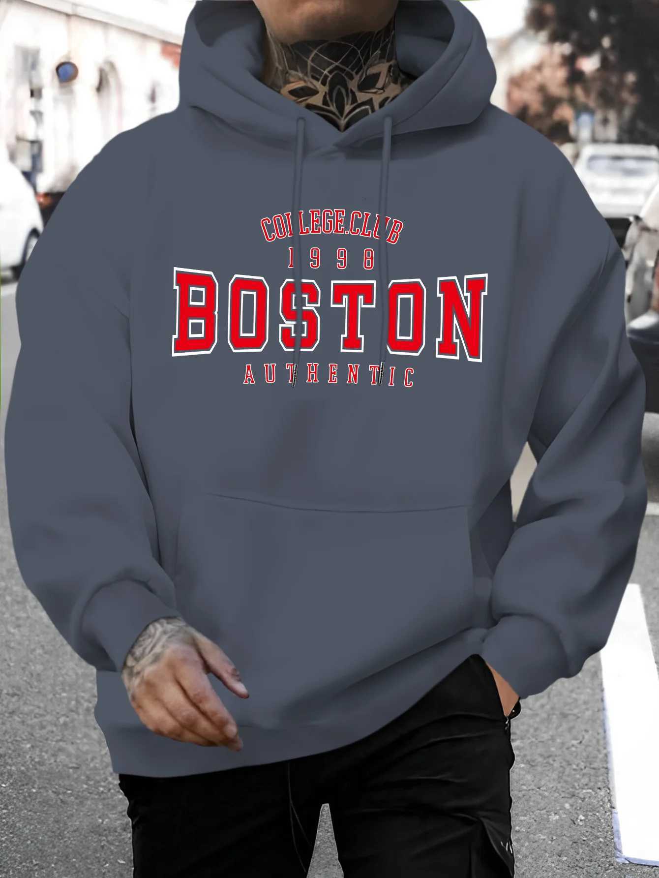 Mens autumn and winter casual fashion loose Boston letter pattern print long sleeved hooded sweatshirt warm pulloverT251023