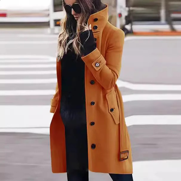 Solid Color Button Long Wool Coat Autumn Warm Stand Collar Women Fashion Ladies High Neck Pocket Belt Trench 251021
