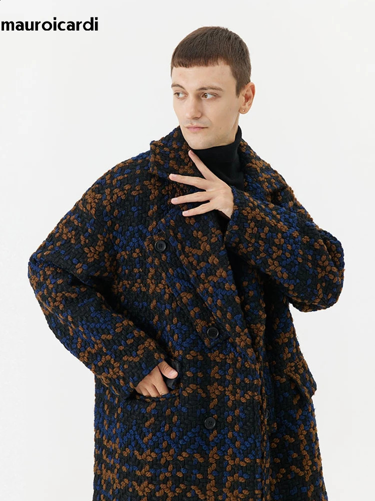 Mauroicardi Autumn Winter Long Loose Stylish Cool Thick Warm Plaid Tweed Woolen Coat Men Double Breasted European Fashion 251023