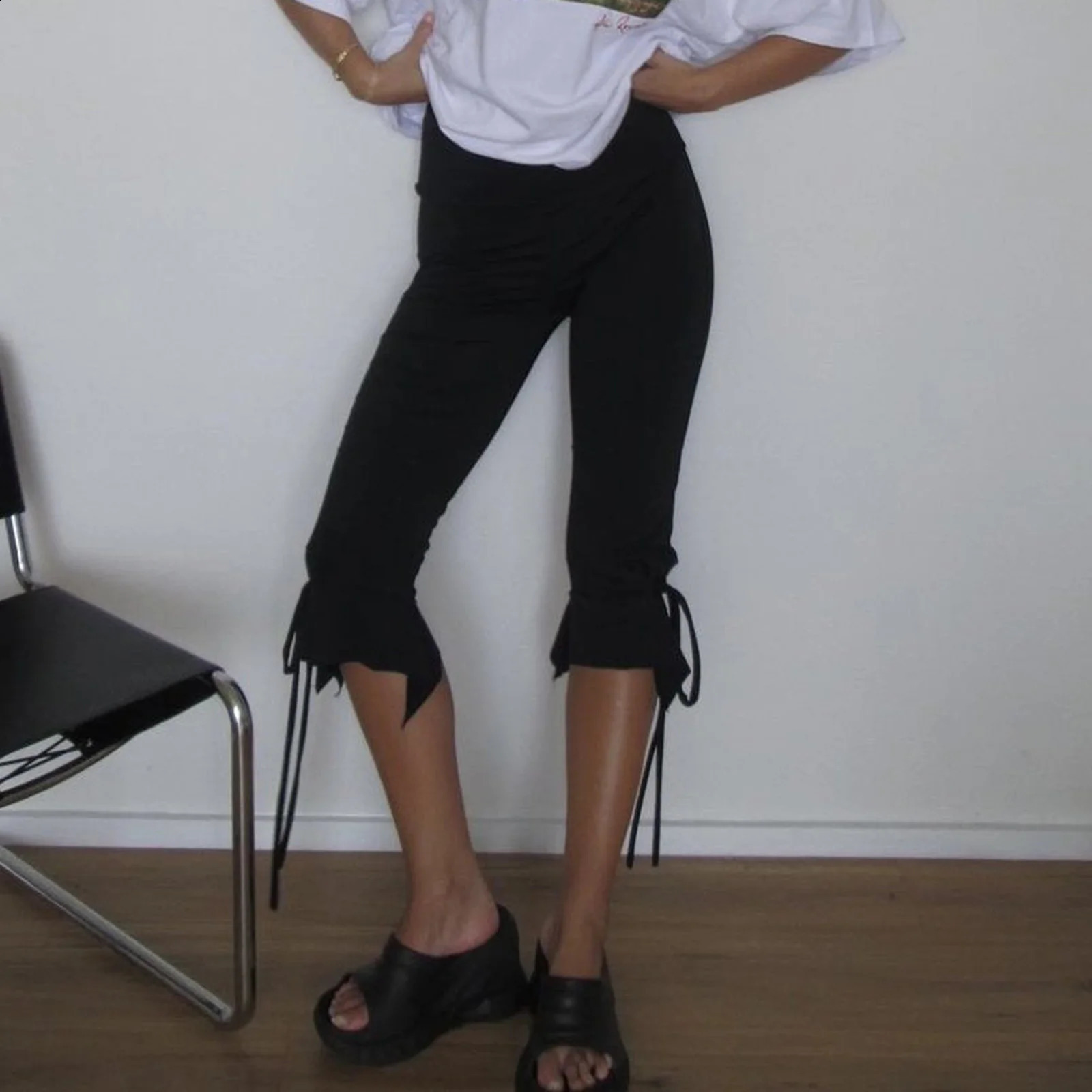 Women Pants Solid Color Elastic Waist TieUp Summer Casual Cropped Pants Stretch Crop Leggings Y2K Vintage Streetwear 251022