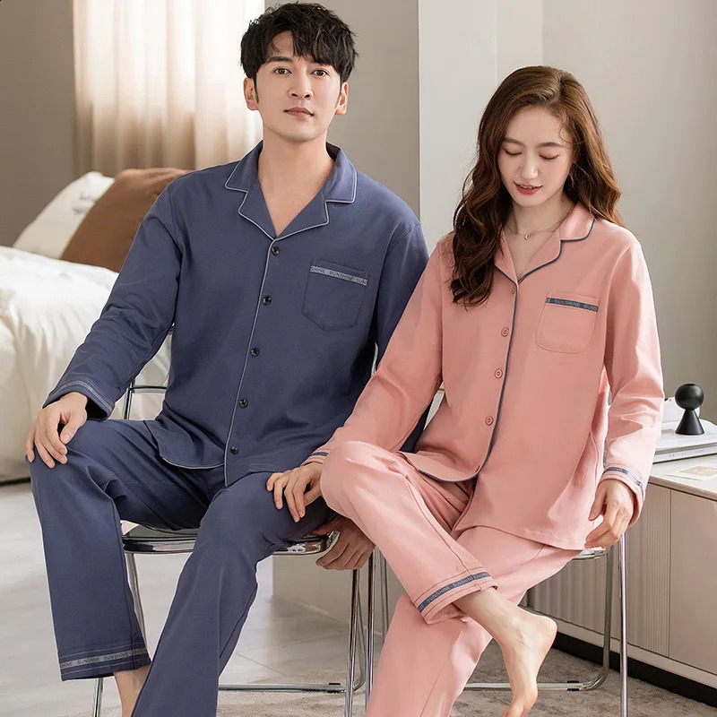 Solid Color Cotton Pajamas Set for Couples Women and Men Matching Sleepwear Long Sleeves Sleeping Top Trouser Cardigan Pijamas 251021