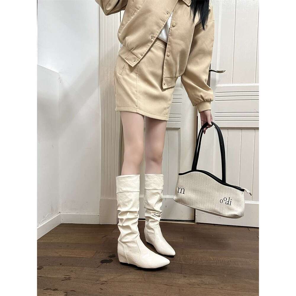 Soft Leather Chunky Heel Wrinkled Slouchy Riding 2025 Autumn New Style Internal Designer Shoe Height Increase Slim High Tube Long Boots