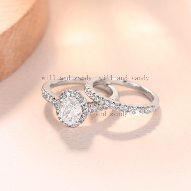 Fashion Band Rings Sterling Silver Ring Set for Women Oval Cut Solitaire Cubic Zirconia Engagement Ring Halo Promise Ring Knuckle Rings Fine Jewelry
