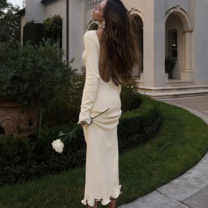 Autumn Maxi Dresses Women Fashion Elegant Round Neck Pleat Long Sleeve Casual Slim Dress Lady Sexy Backless Club Party Dress 251023