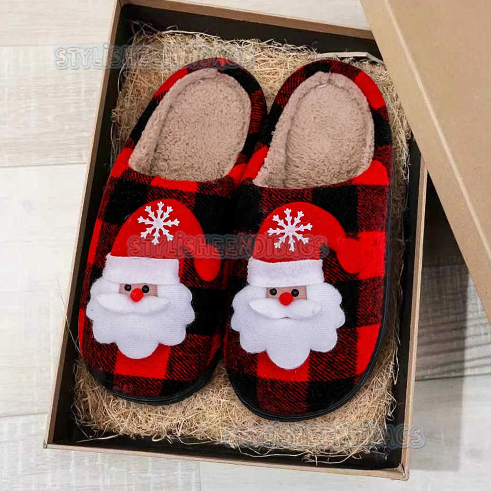 Christmas Fuzzy Indoor Slippers Cozy Santa Claus Fluffy Fur Slippers Anti Slip Plush Closed Toe Slippers Plaid for Winter Indoor H251023