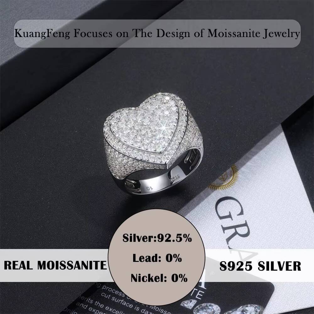 Mens Womens Full Iced out Heart Moissanite Ring 925 Silver Platinum Plated Hip Hop Statement Jewelry Accessories