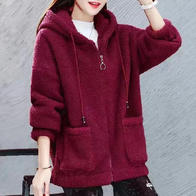 Women Hooded Coat Chic Fleece Thick Solid Color Pockets Long Sleeves Loose Warm Plush Zipper Cardigan Outdoor Autumn Winter 251022