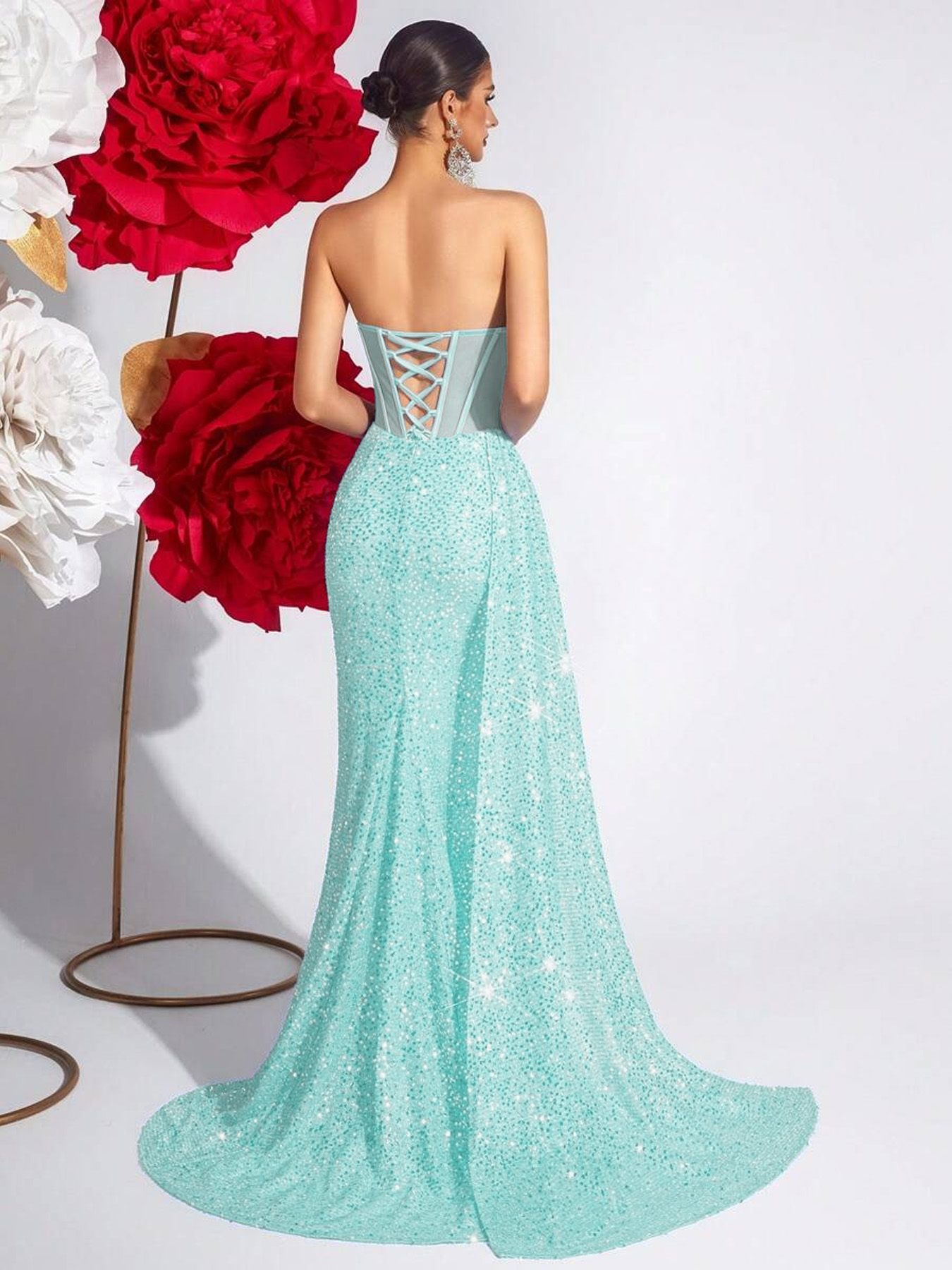 Women's Mememe Brand Sequin Evening Dress with Side Slit & Sheer Mesh, Glamorous Elegant Formal Gown (S-XL, Black/Rose Red/Red/Cyan)-D376