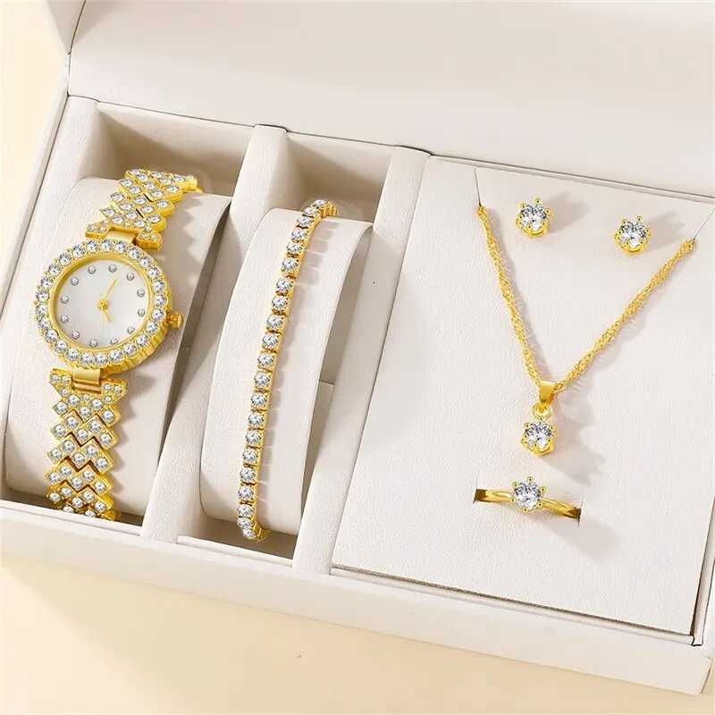 6PCS Set Luxury Watch Women Ring Necklace Earring Rhinestone Fashion Wristwatch Casual Ladies Watches Bracelet Set ClockL251023