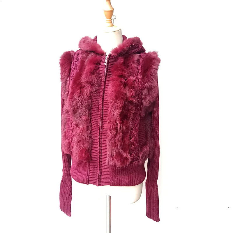 Women Winter Real Rabbit Fur Coat With Hood Long Sleeve Fashion Warm Female Hooded Genuine Jacket Outwear 251015